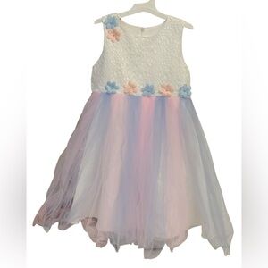 Toddler Girls Sleeveless Ruffles Sky Rainbow and Flowers A-Line Dress. SZ- 3/5T